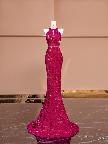 Barbie Pink Mermaid Halter Sequin Open Back Long Prom Dress Party Dress HZ1023
